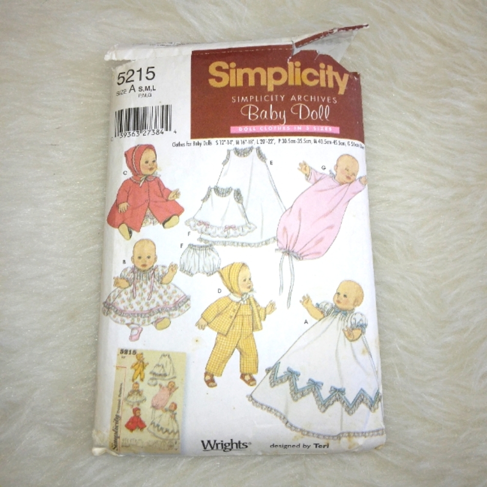 SIMPLICITY 5215 Baby Doll clothes in 3 sizes, S (12-14") M (16-18") L (20-22")